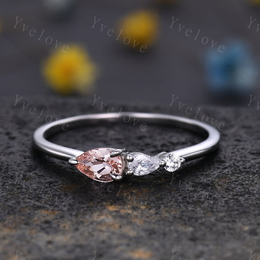 Unique Pink Morganite Engagement Ring,Pear Cut Gems,Art Deco Moissanite Wedding Band,3 Stone Unique Women Bridal Promise Ring Gift