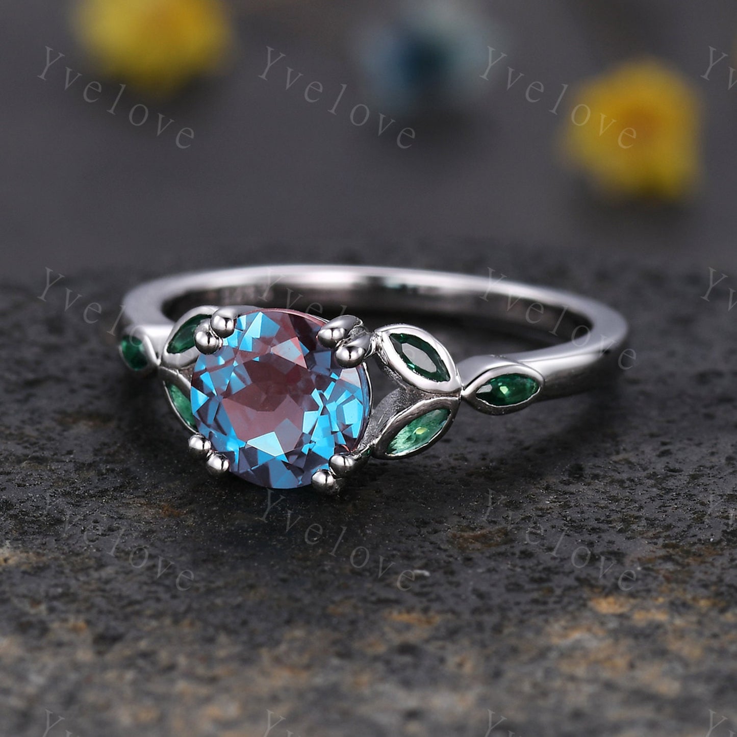 7mm round cut Alexandrite Ring,Vintage Engagement Ring,Color Changing Stone,June Birthstone Ring,Emerald Jewelry Promise Anniversary Ring