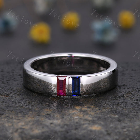 5mm Mens Sapphire Ruby Wedding Band,Two Baguette Cut Gems Ring,Comfort Fit Mens Ring,Mens Birthstone Ring,Handmade Gift For Him, Platinum
