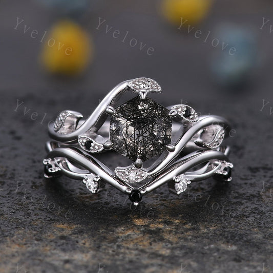 Retro hexagon Black Rutilate Quartz Ring,Vintage Black Gems Set,Unique Rutilated Quartz  Engagement Ring,Promise Ring,Bridal Ring Set Gift