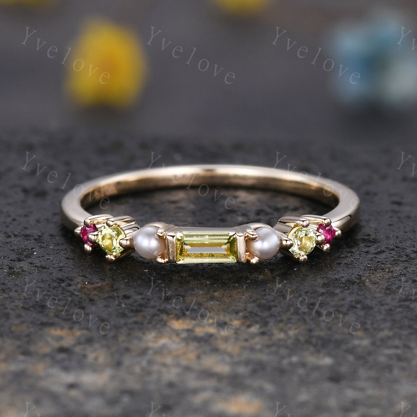 Minimalist Baguette shaped peridot band dainty pearl red garnet wedding band women stackable matching ring gold plated personalized gift
