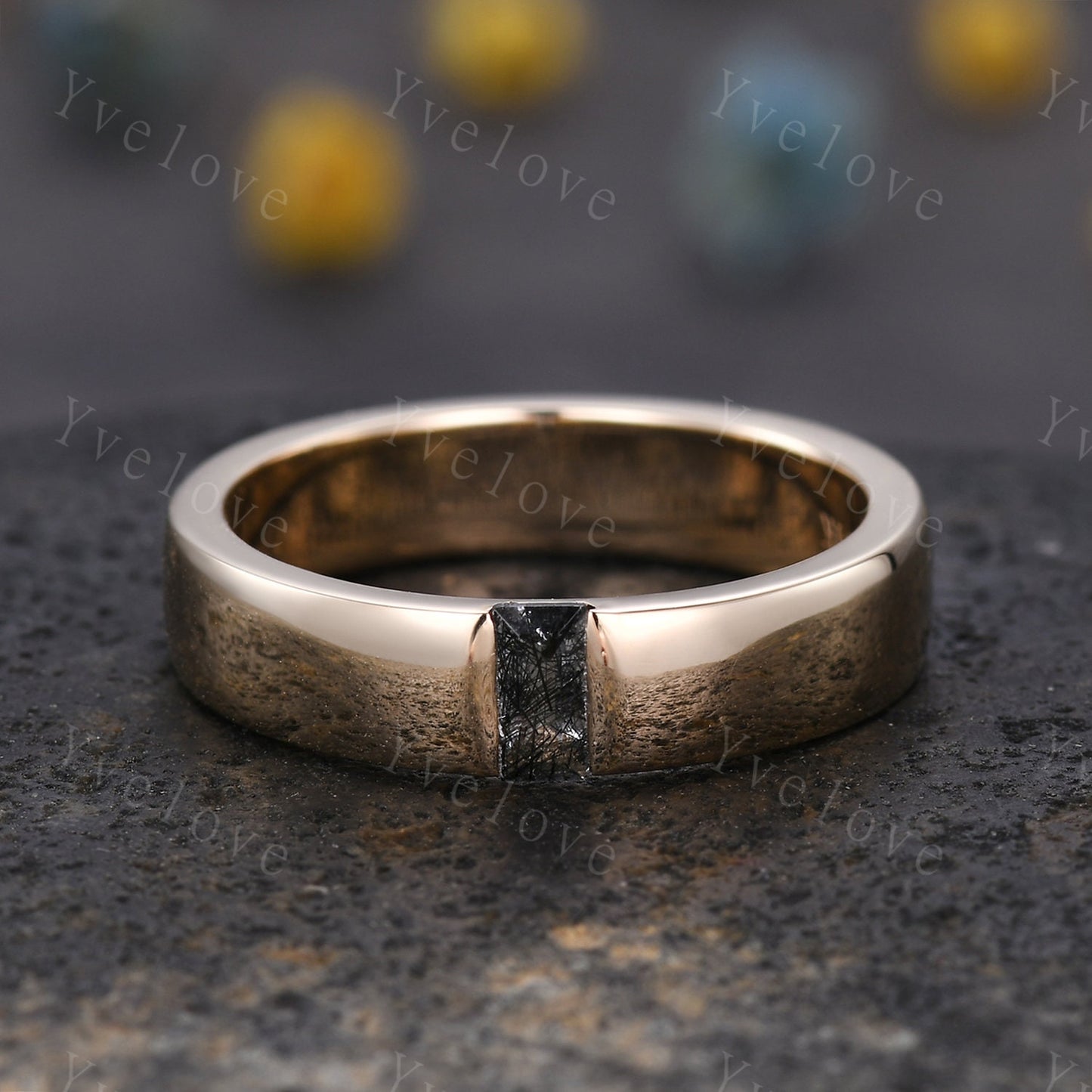 Mens Black Rutilate Quartz Wedding Band Baguette Cut Band 5mm Black Gold Ring Mens Solitaire Stacking Matching Band Retro Vintage Ring Gift