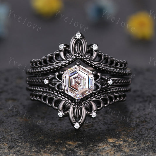 Vintage Black Gold Hexagon Cut Diamond Engagement Ring Set Unique Bridal Set,CVD Diamond Ring Dark Promise Wedding Set,Celtic Enhancer Band