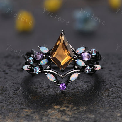Vintage Kite Smokey Quartz Engagement Ring Set,Black Gold,Vines Amethyst Opal Ring,Women Bridal Set,Unique Twig Anniversary Promise Gift