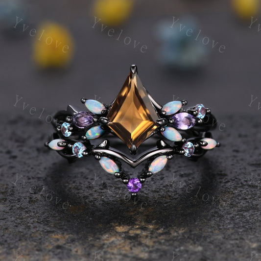 Vintage Kite Smokey Quartz Engagement Ring Set,Black Gold,Vines Amethyst Opal Ring,Women Bridal Set,Unique Twig Anniversary Promise Gift