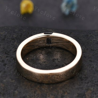 Mens Black Rutilate Quartz Wedding Band Baguette Cut Band 5mm Solid Gold Ring Mens Solitaire Stacking Matching Band Retro Vintage Ring Gift