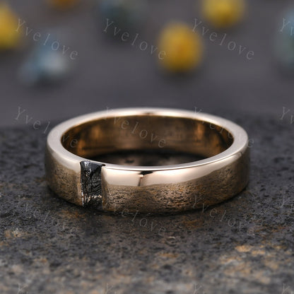 Mens Black Rutilate Quartz Wedding Band Baguette Cut Band 5mm Solid Gold Ring Mens Solitaire Stacking Matching Band Retro Vintage Ring Gift