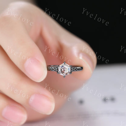 Hexagon Shaped Diamond Engagement Ring Set Platinum Vintage Lab Grown Diamond Wedding Ring Enhancer Band Art Deco Bridal  Ring Set For Women