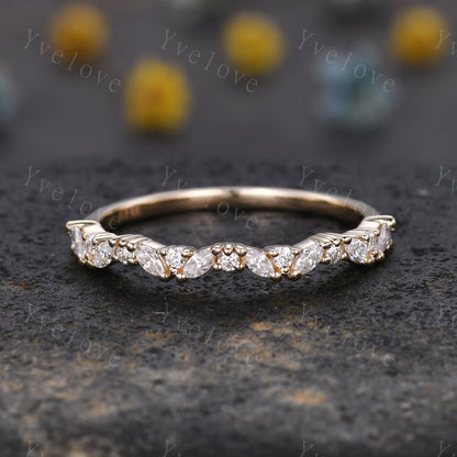 Marquise moissanite wedding band vintage 14k 18k yellow gold ring moissanite antique unique stacking band anniversary promise matching band