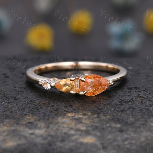 Vintage Sunstone Cirtine Engagement Ring,Pear Cut Gems,Art Deco Moissanite Wedding Band,3 Stone Unique Women Bridal Promise Ring Gift Gold