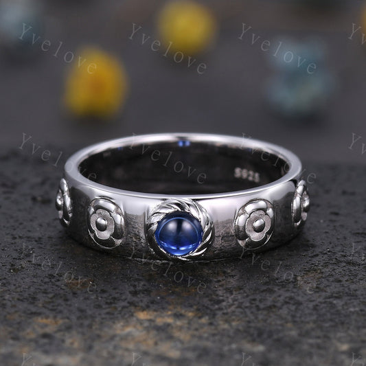 Howls Moving Castle Ring 4mm Round Natural Blue Sapphire Wedding Band S925 Silver Ring Howl's Ring Sophie's Ring Stacking Matching Band Gift