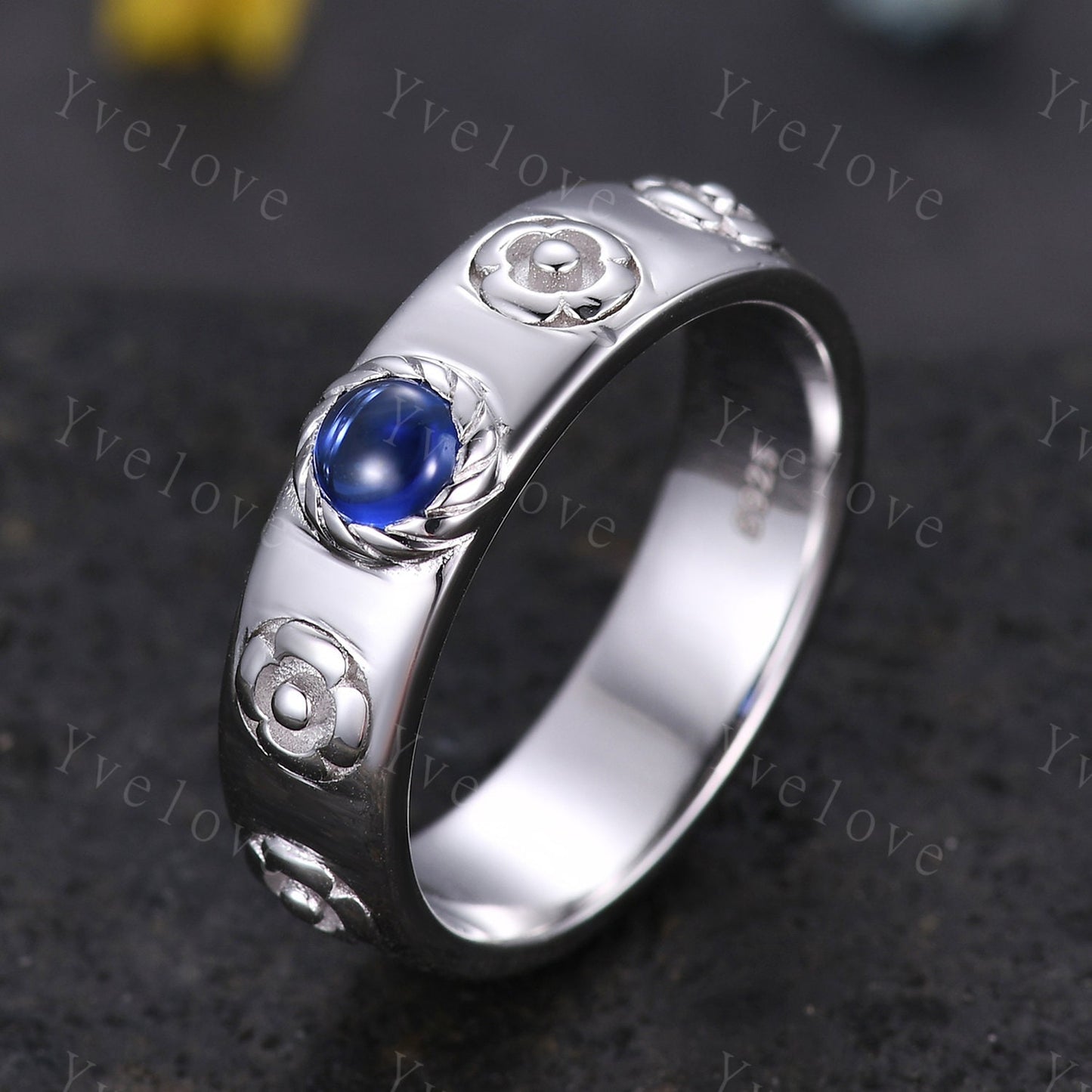 Howls Moving Castle Ring 4mm Round Natural Blue Sapphire Wedding Band S925 Silver Ring Howl's Ring Sophie's Ring Stacking Matching Band Gift White