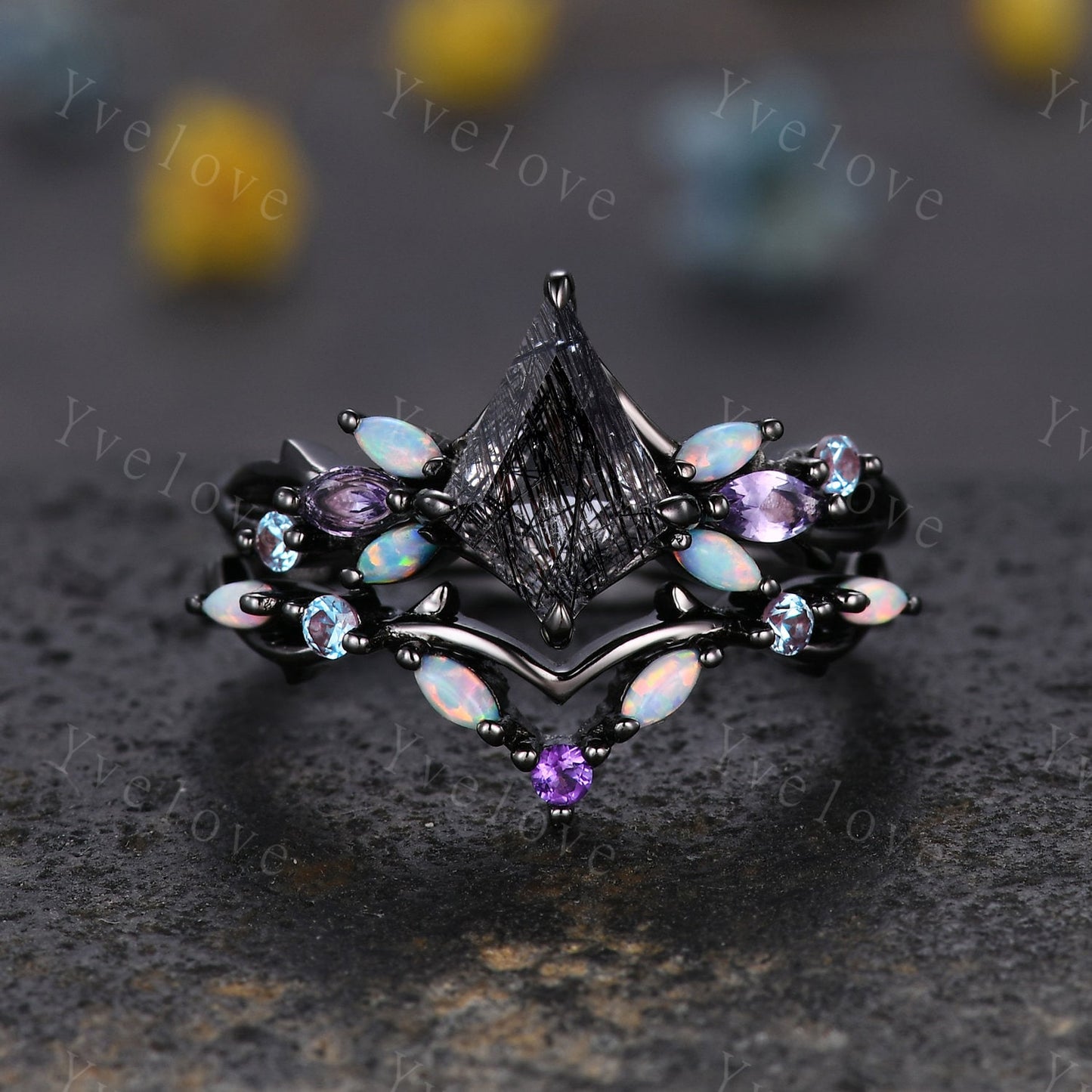 Vintage Kite Black Rutilated Quartz Engagement Ring Set,Black Gold,Vines Amethyst Opal Ring,Women Bridal Set,Unique Twig Promise Ring Gift