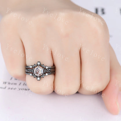 Hexagon Shaped Diamond Engagement Ring Set Platinum Vintage Lab Grown Diamond Wedding Ring Enhancer Band Art Deco Bridal  Ring Set For Women