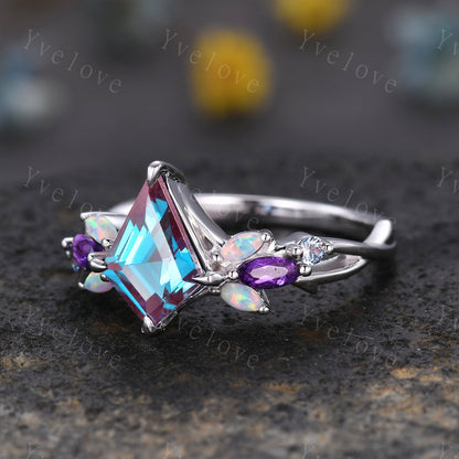 Vintage Kite Alexandrite Engagement Ring,Solid Gold,Vines Amethyst Opal Ring,Unique Matching Band Promise Bridal Stacking Ring Gift for her