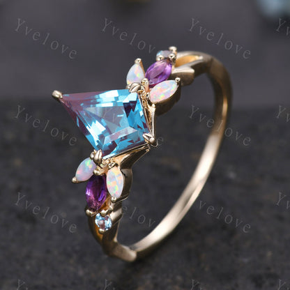 Vintage Kite Alexandrite Engagement Ring,Solid Gold,Vines Amethyst Opal Ring,Unique Matching Band Promise Bridal Stacking Ring Gift for her