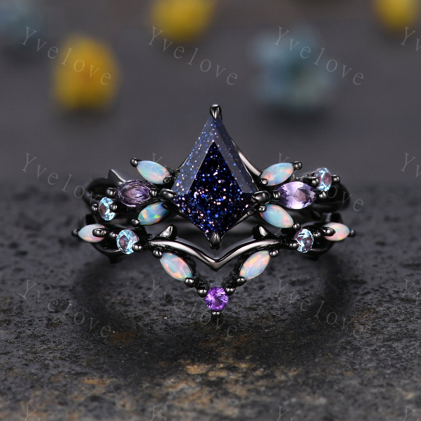 Vintage Kite Sandstone Engagement Ring Set,Black Gold,Vines Amethyst Opal Ring,Women Bridal Set,Unique Twig Anniversary Promise Ring Gift