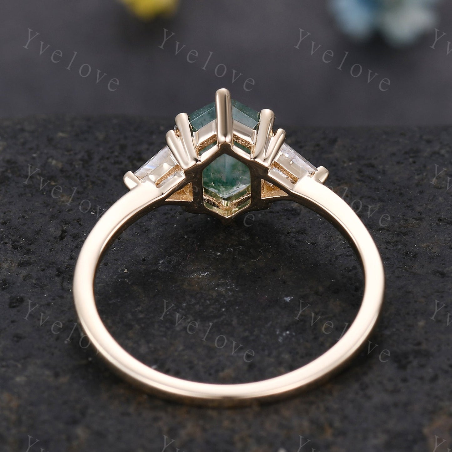 Retro hexagon cut Moss Agate Ring,Vintage Gold Ring,Triangle Moissanite Jewelry,Unique Engagement Ring,Promise Ring,Bridal Ring Gift For Her