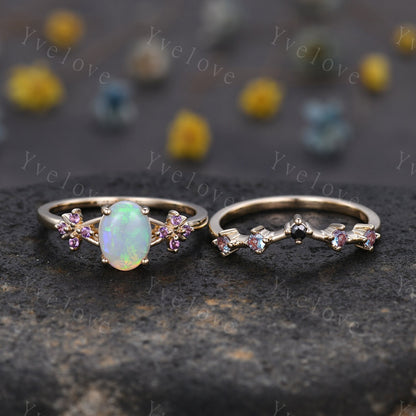 Natural Oval Opal Engagement Ring,White Fire Opal Bridal Set,Amethyst Alexandrite Stacking Band,Cluster Women 14K Gold Ring,Handmade Gift