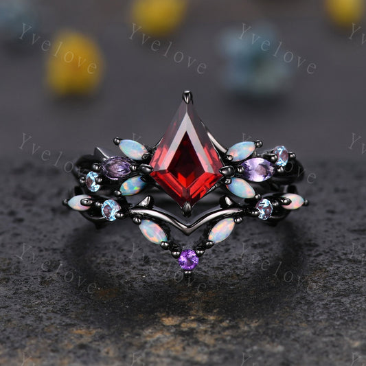 Vintage Kite Red Garnet Engagement Ring Set,Black Gold,Vines Amethyst Opal Ring,Women Bridal Set,Unique Twig Anniversary Promise Ring Gift