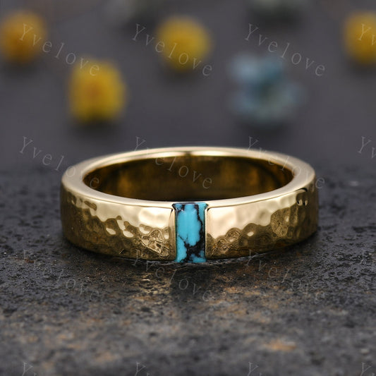 Mens Turquoise Wedding Band Baguette Cut Turquoise Band 5mm Solid Gold Ring Mens Hammered Stacking Matching Band Retro Vintage Ring Gift