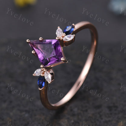 Vintage Kite Shaped Amethyst Engagement Ring Rose Gold Women Unique Moissanite Blue Sapphire Gem Matching Band Promise Bridal Stacking Ring
