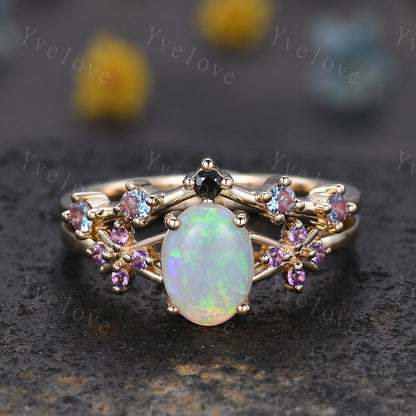 Natural Oval Opal Engagement Ring,White Fire Opal Bridal Set,Amethyst Alexandrite Stacking Band,Cluster Women 14K Gold Ring,Handmade Gift