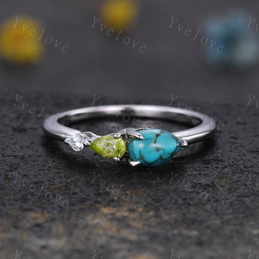 Vintage Turquoise Peridot Ring Engagement Ring,Pear Cut Gems,Art Deco Moissanite Wedding Band,3 Stone Unique Women Bridal Promise Ring